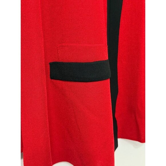 Exclusively Misook Open Jacket Red Black Trim Faux Pockets Shoulder Pads Size L - Picture 4 of 10